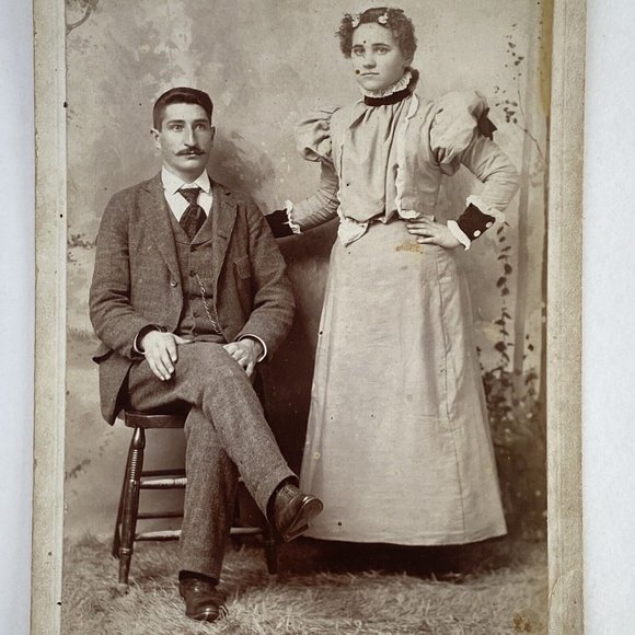 c1880 Cabinet Card Couple Studio Photo Man Moustache Woman High Neck Puff Sleeve - Picture 1 of 7